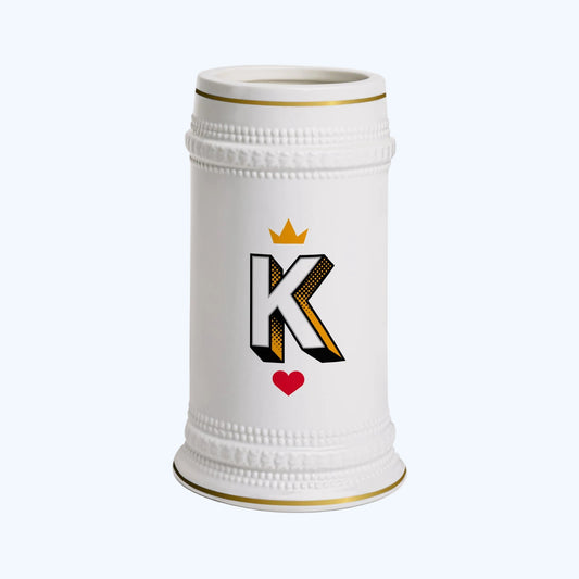 K Crown Beer Stein Mug — Vintage Monogram 'K' with Heart, Gift for King/Beer Lovers