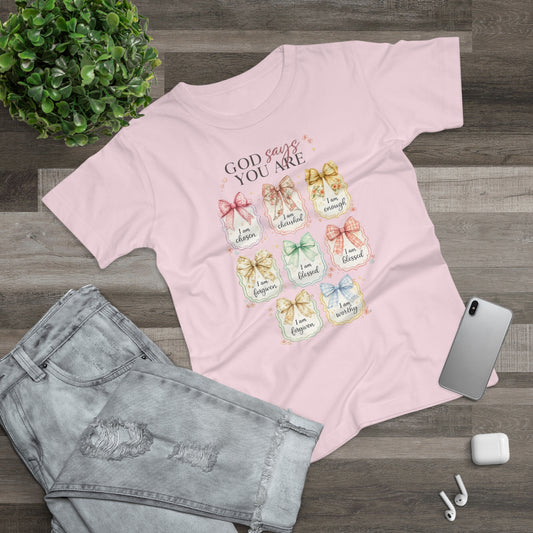 Women's Faith T-Shirt — "God Says You Are" Inspirational Scripture Tee