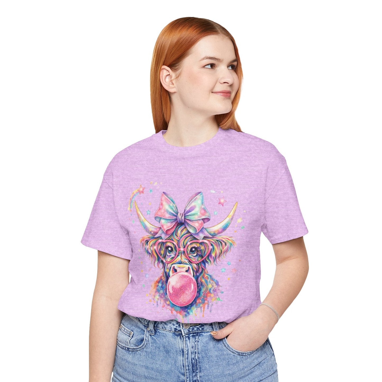 Cute Colorful Cow Tee – Bubblegum Cow with Bow Graphic T-Shirt