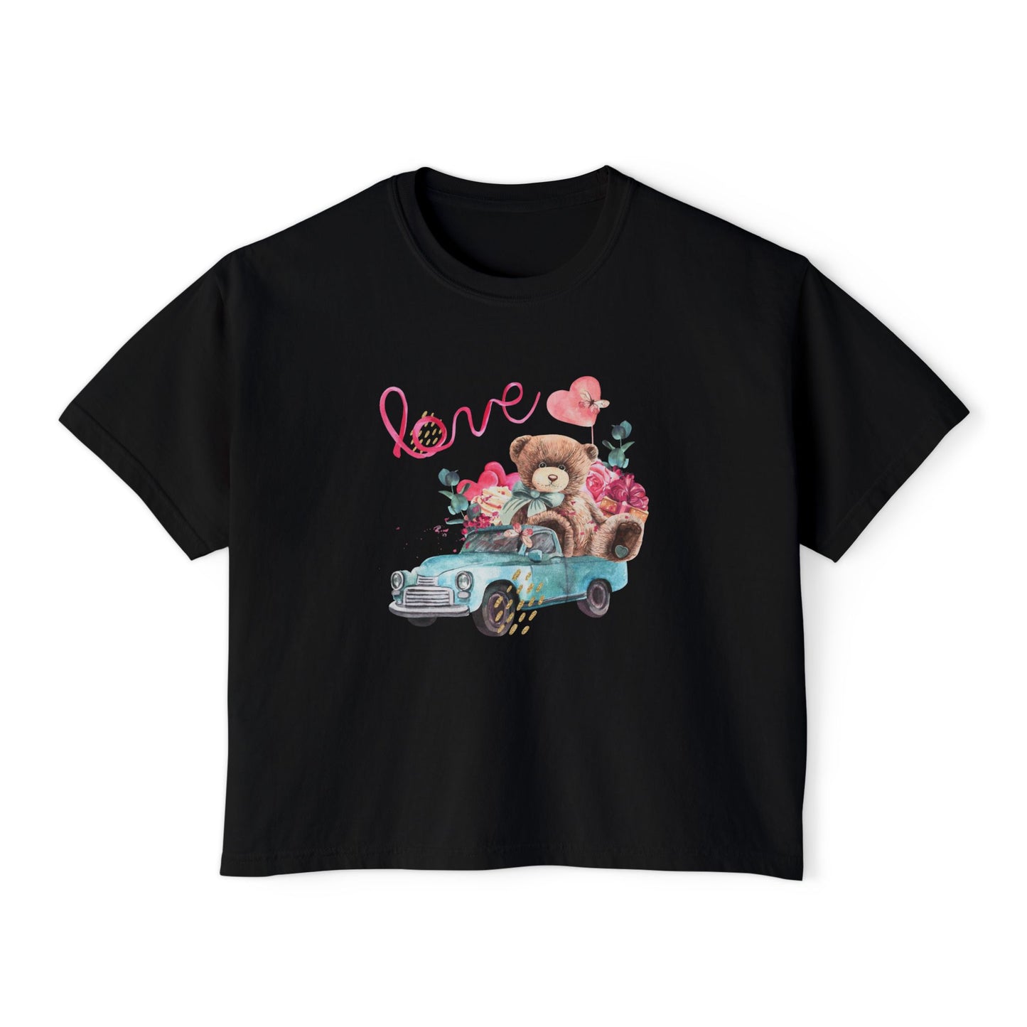 Love Bear Vintage Car Boxy Tee — Cute Valentine's Women's Shirt
