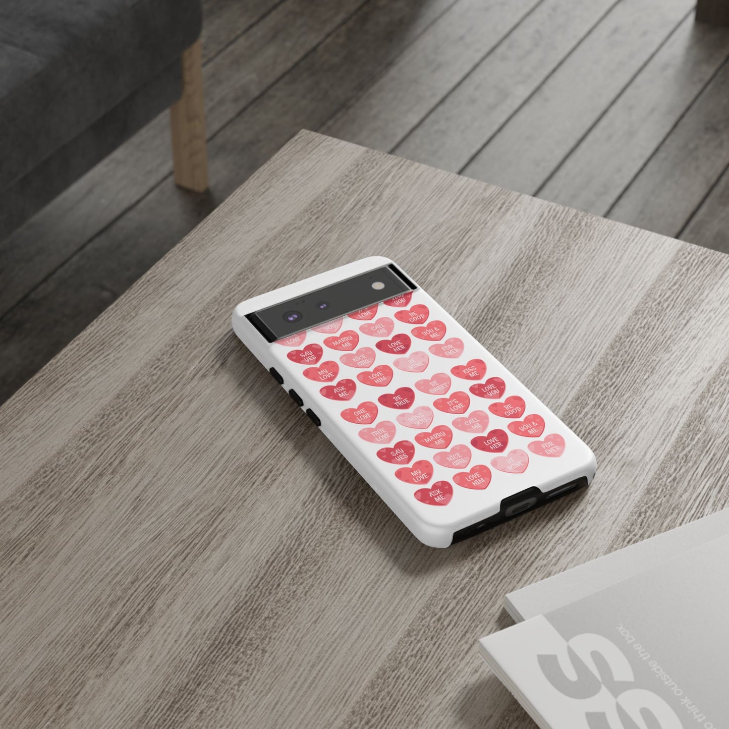 Phone Case — Pink Conversation Heart Pattern, Valentine’s Day Love Messages
