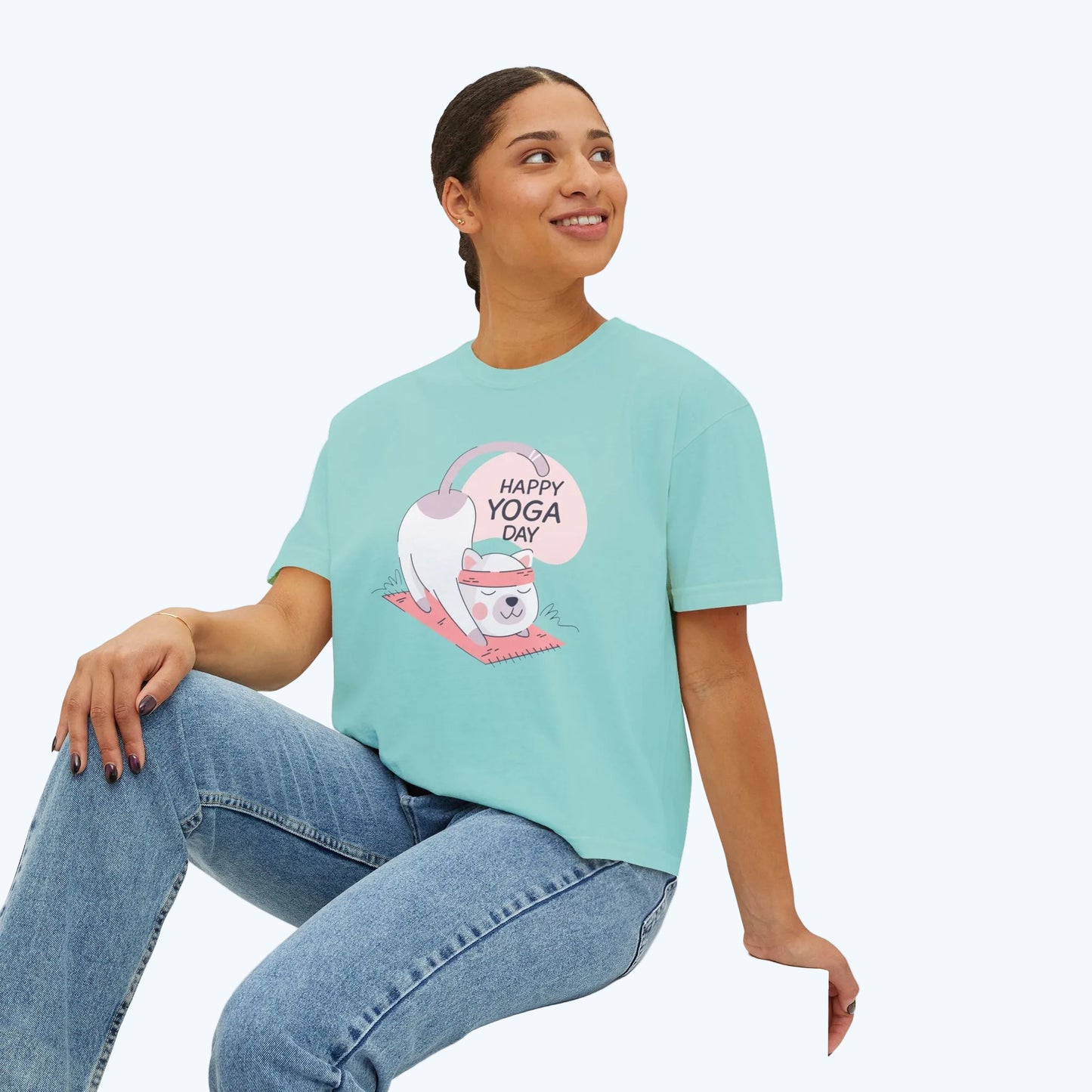 Women's Tee — Cute "Happy Yoga Day" Cat Pose Graphic