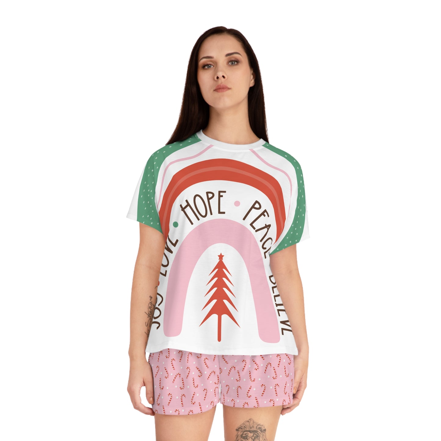 Women's Pajama Set - Holiday Rainbow 'Joy • Love • Hope • Peace • Believe' Short Sleepwear with Candy Cane Shorts