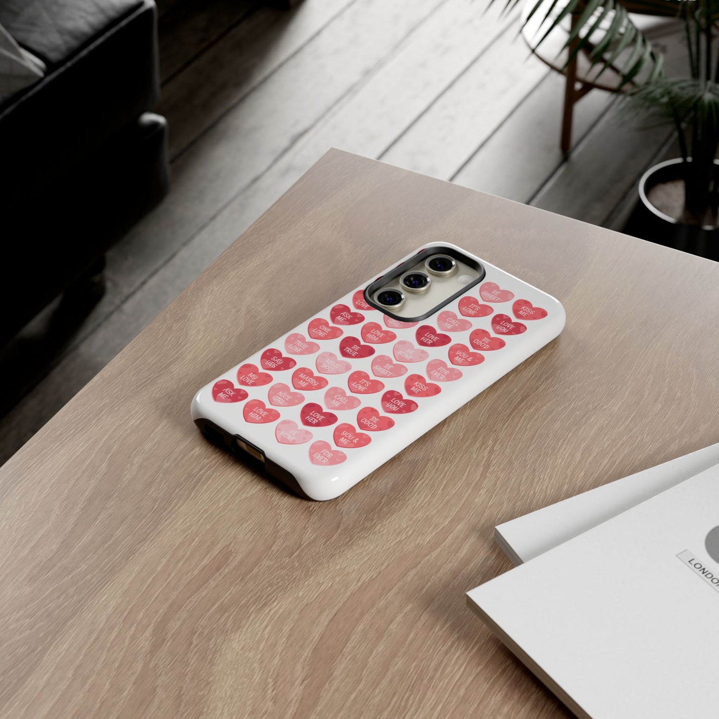 Phone Case — Pink Conversation Heart Pattern, Valentine’s Day Love Messages