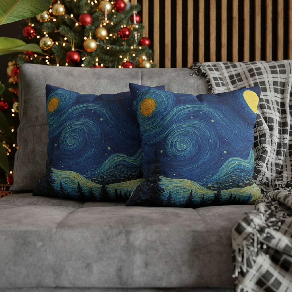 Starry Night Winter Pillowcase — Square Canvas Decorative Throw Pillow Cover