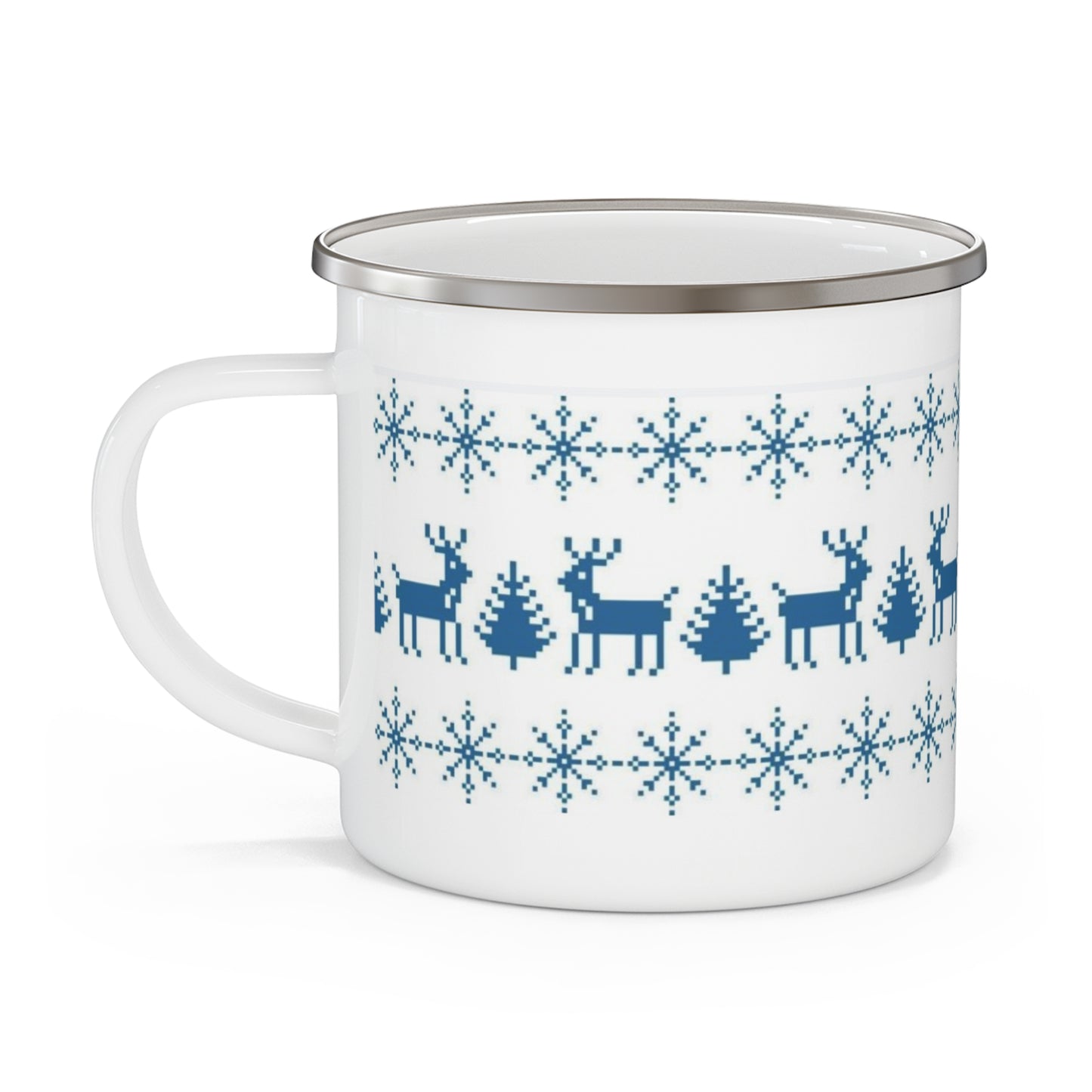 Nordic Reindeer Enamel Camping Mug — Blue Snowflake Holiday Camp Cup