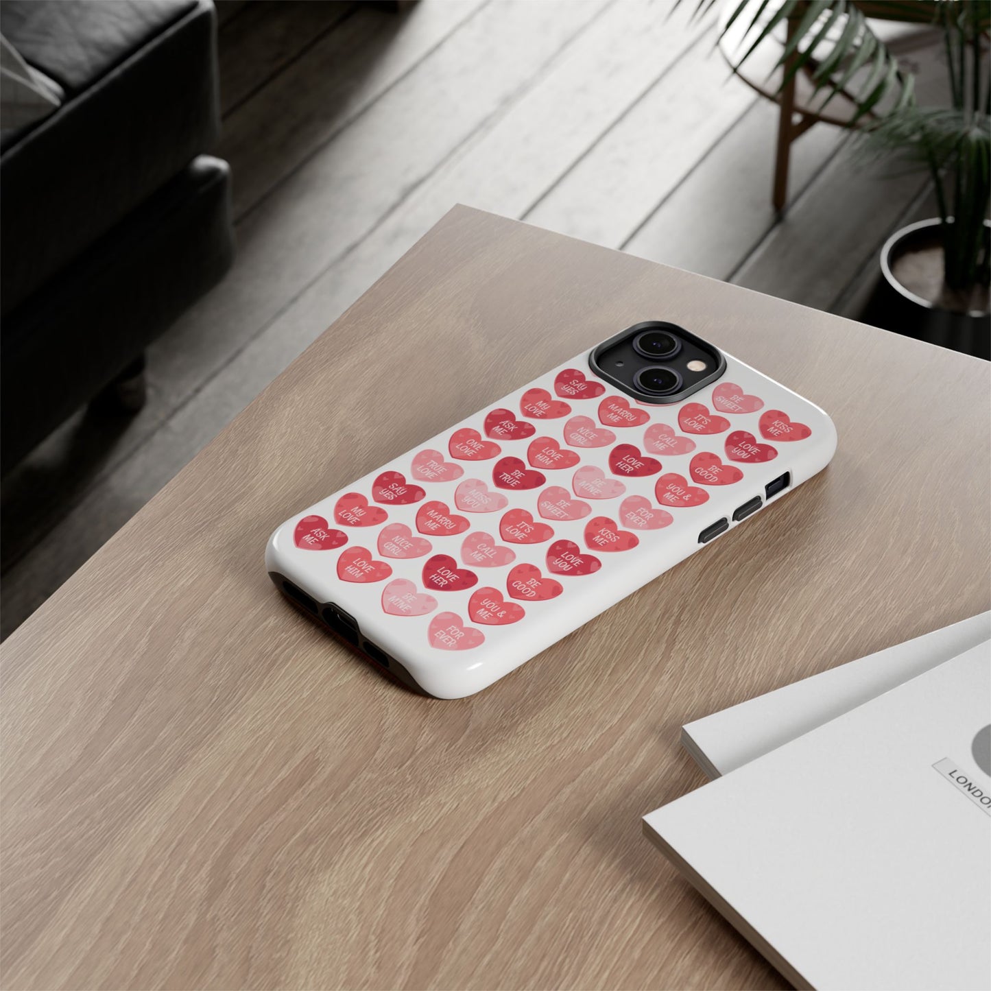 Phone Case — Pink Conversation Heart Pattern, Valentine’s Day Love Messages