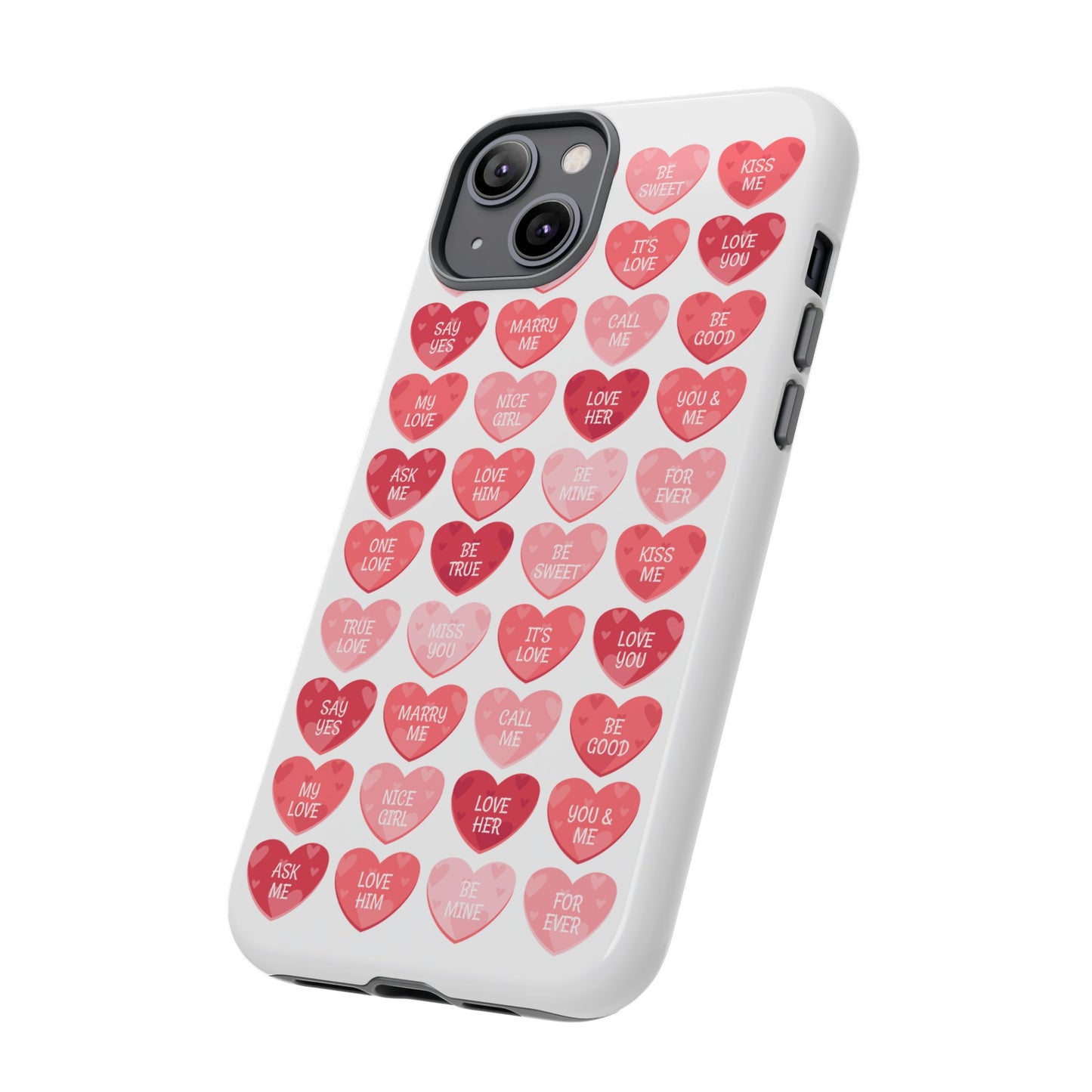 Phone Case — Pink Conversation Heart Pattern, Valentine’s Day Love Messages